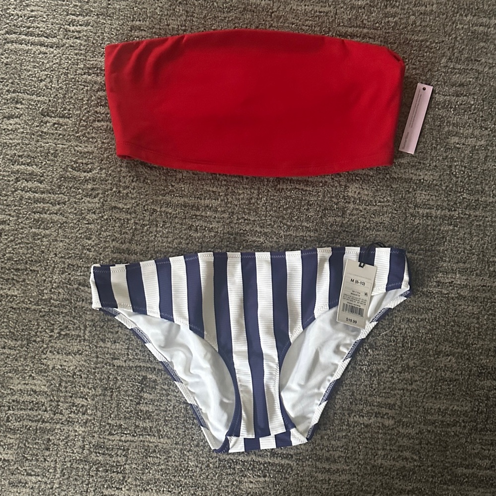 ⚓️ 🦀 Shade & Shore Red Bandeau Top with Navy and White Striped Bottoms